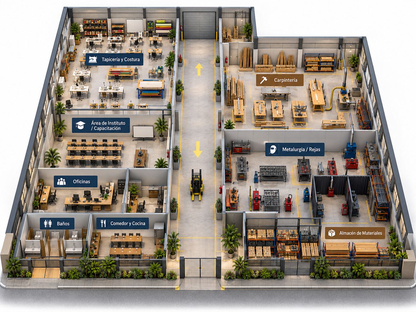 Render conceptual: la distribución en planta de Talleres de San José